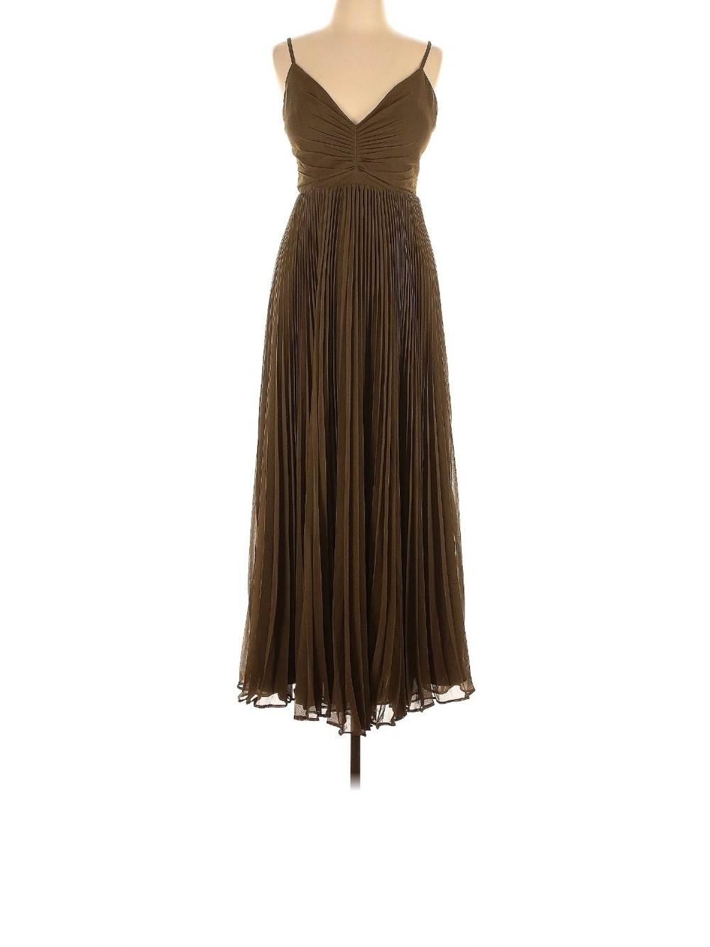 Fame and Partners Olive Maxi Pleated Spaghetti-Strap Gown